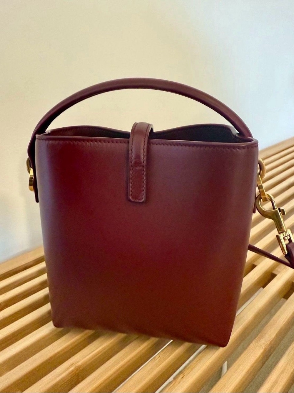 Saint Laurent Wine Red Leather Mini Bucket Bag with Gold YSL - Picture 2 of 6